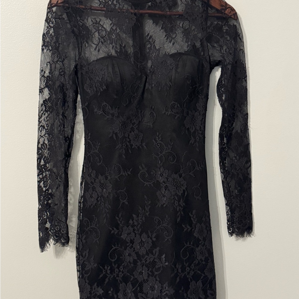 bebe Black Long Sleeve Lace Bodycon Dress